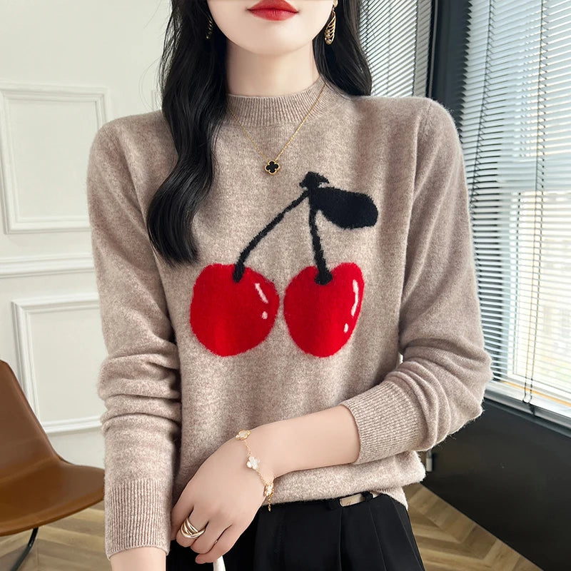 Autumn and Winter Women's Pullover Embroidered Pure Wool Knit Sweater