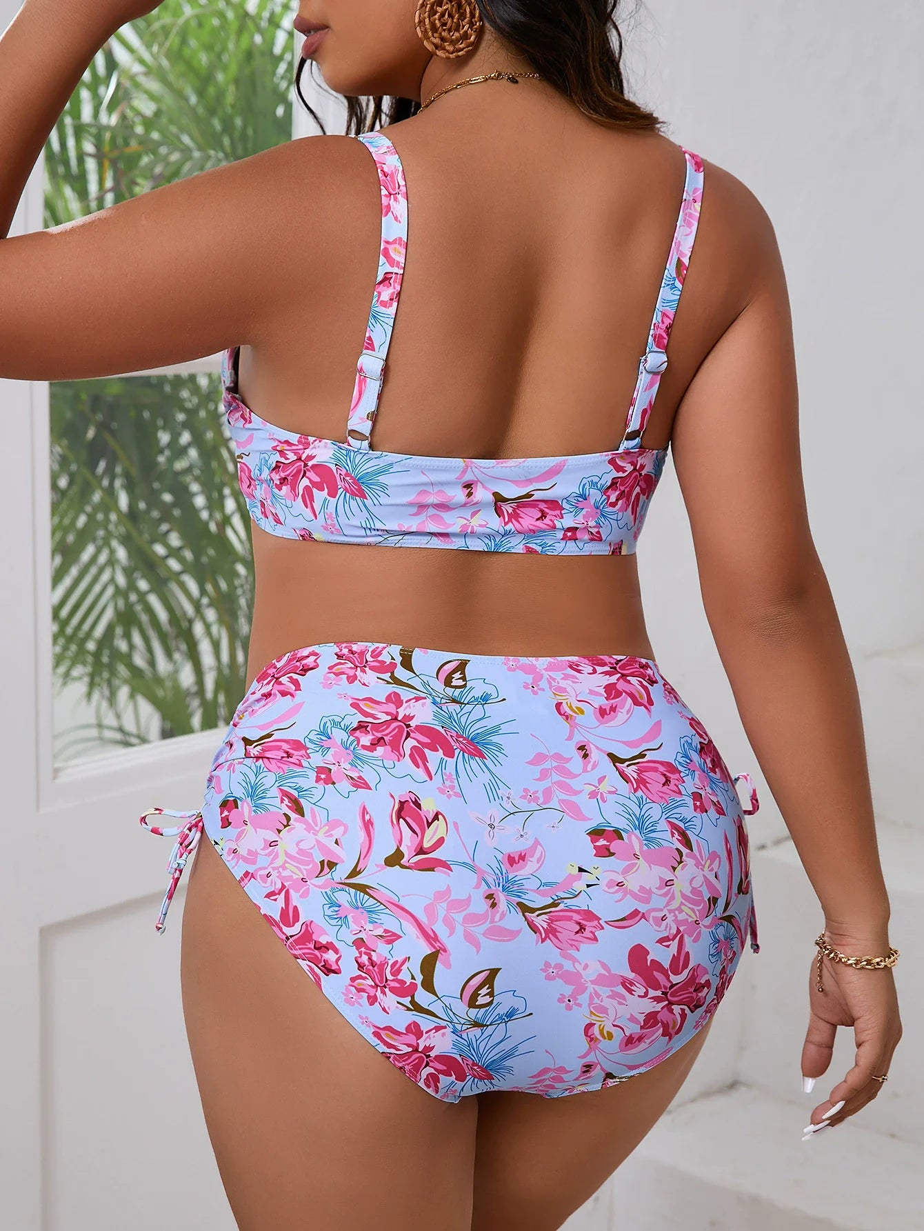 Women Plus Size Two Piece Swimsuit Bikini Sets 2025 Swimwear Floral Print Bathing Suit Drawstring New In Matching Sets
