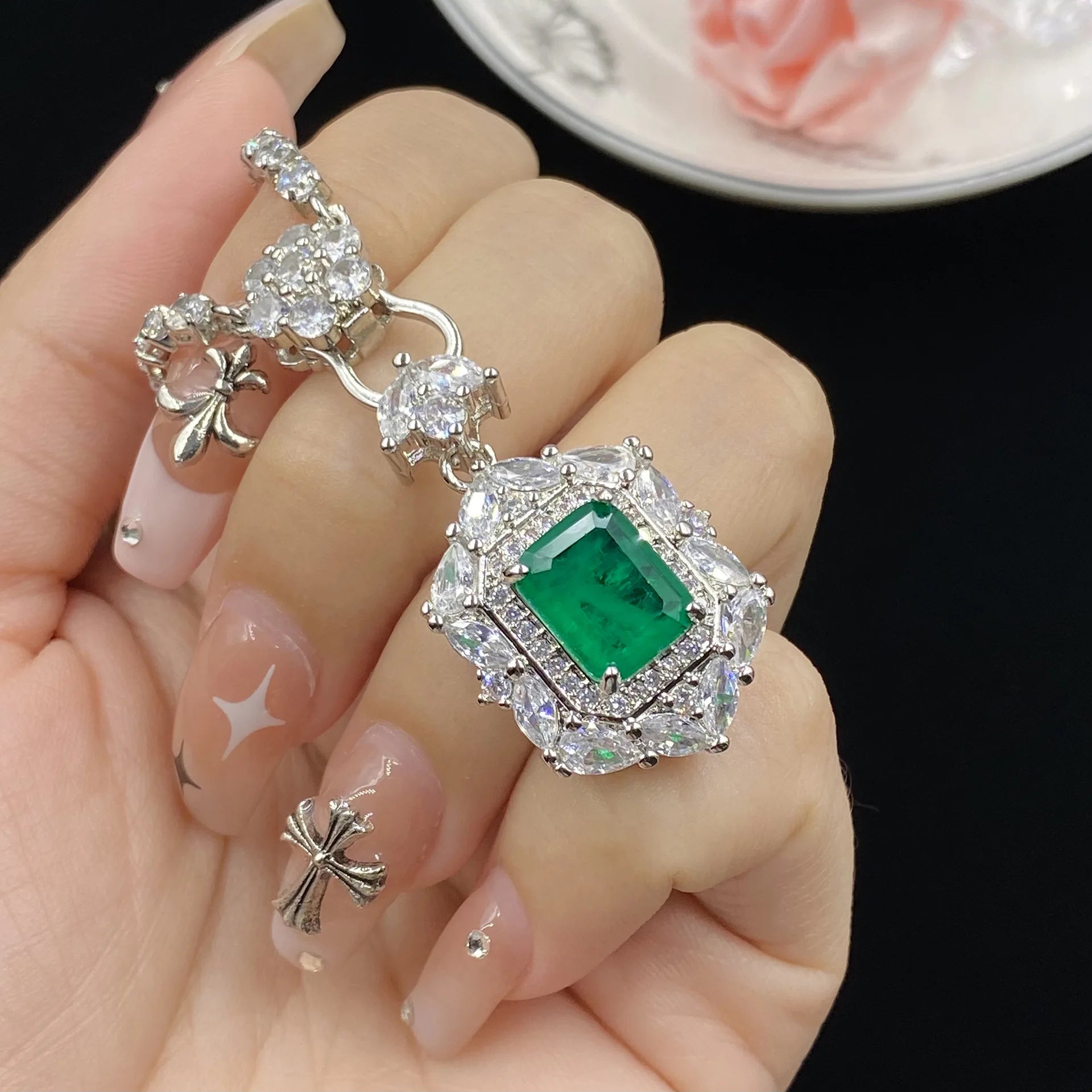 Simulation Emerald Tourmaline Full Diamond Luxury Princess Set – Ring, Pendant, Earrings, and Bracelet