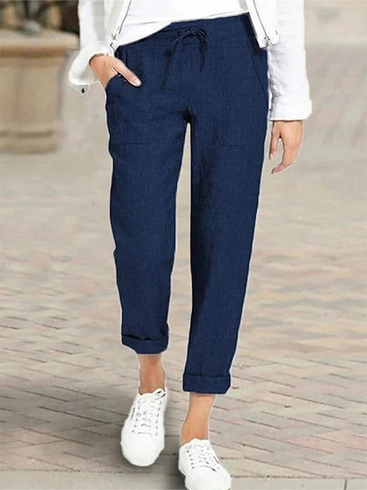 Plus Size 2024 Summer New Women Trousers  High Waist Pants Straight Drawstring Cotton Linen Pants Ladies Elasticated Waist Pants