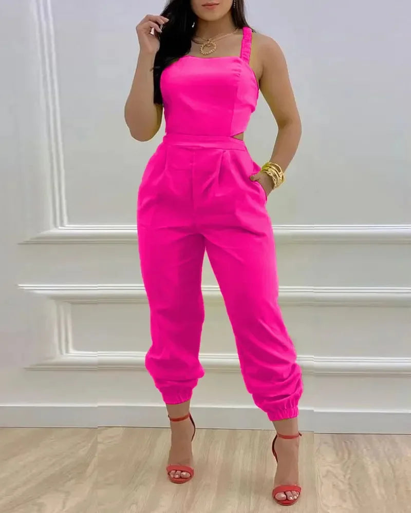 Women Printed Letter Jumpsuits Sleeveless V Neck Suspenders Backless High Waist Trousers Overall Rompers Pockets One Piece