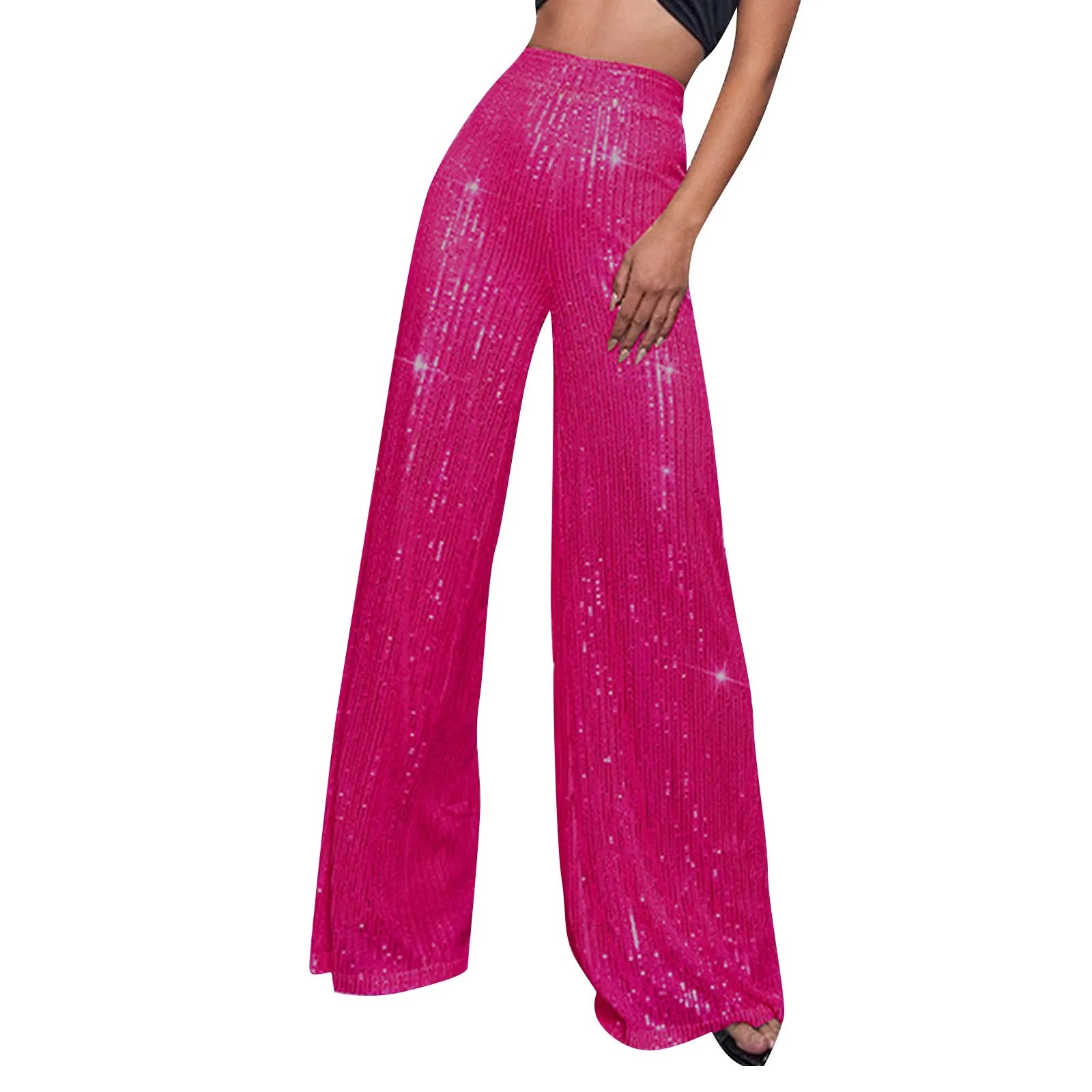 Women's Fashion Solid Color High Waist Sequin Side Zipper Draped Wide Leg Pants Pants for Women Women’s Pants Women’s Pants 2024