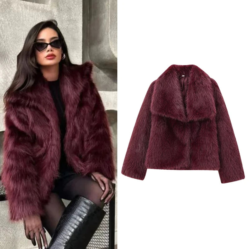 HXAO Women's Fur Coat Women 2024 Plush Burgundy Bomber Jacket