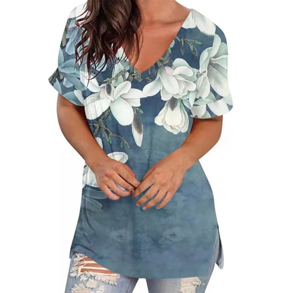 Summer Women T Shirt Stripes Print Gradient Clothing V Neck Short Sleeve Basic Tops Streetwear Fashion Oversized Girls T-shirts