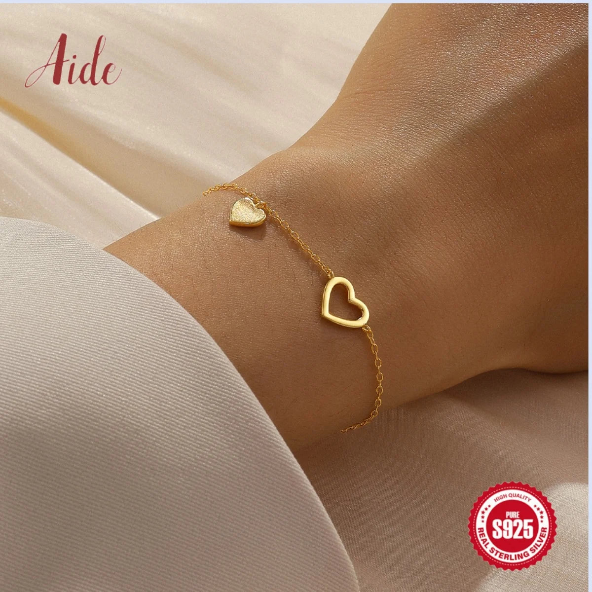 Aide 925 Silver Smooth Heart Shape Bracelet – 18K Gold Plated Light Luxury for Women