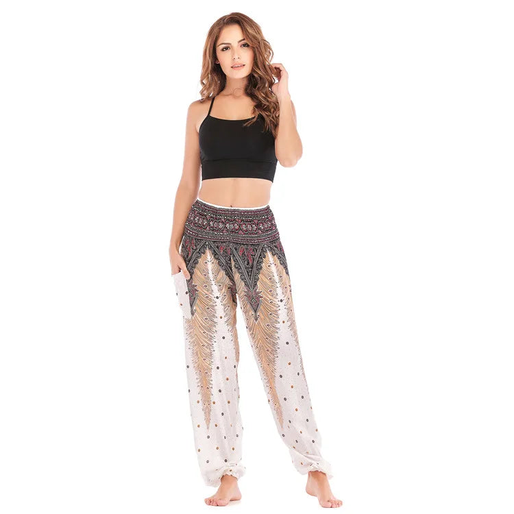 Women Yoga Boho Pants Leggings Floral Printing With Pocket Harem Bohemian High Waist  elastic waistband and ankle strapping
