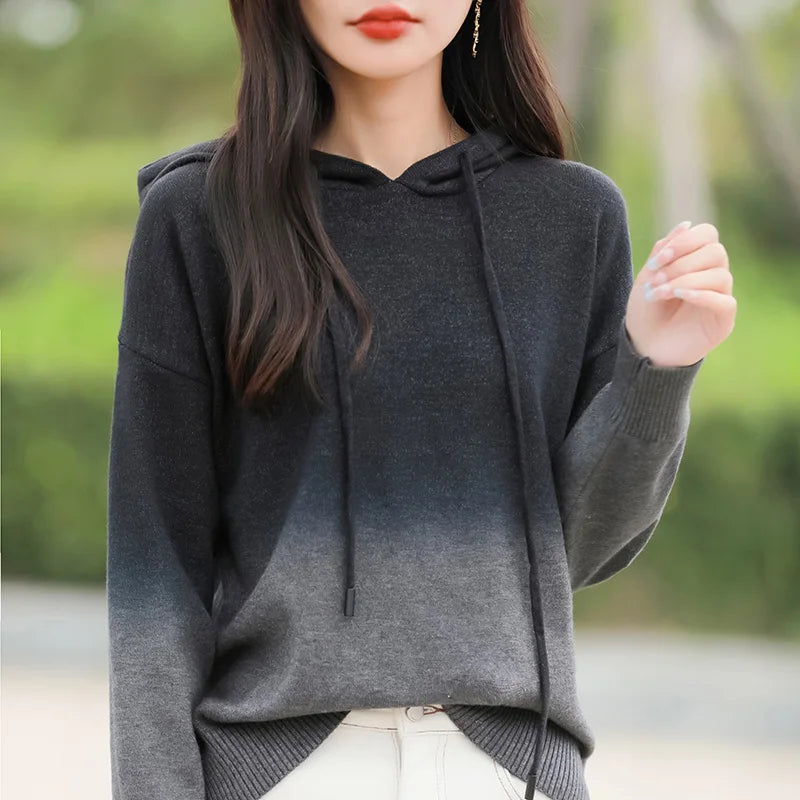 Autumn Winter Hooded Sweater Women Gradient Color Long Sleeve Top Fashion New Knit Female Pullover Warm Soft Loose Basic Jumper