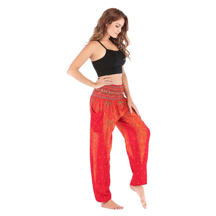 Women Yoga Boho Pants Leggings Floral Printing With Pocket Harem Bohemian High Waist  elastic waistband and ankle strapping