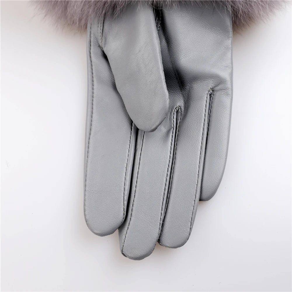 Sheepskin Gloves with Natural Fox Fur Trim – Women’s Genuine Leather Winter Mittens