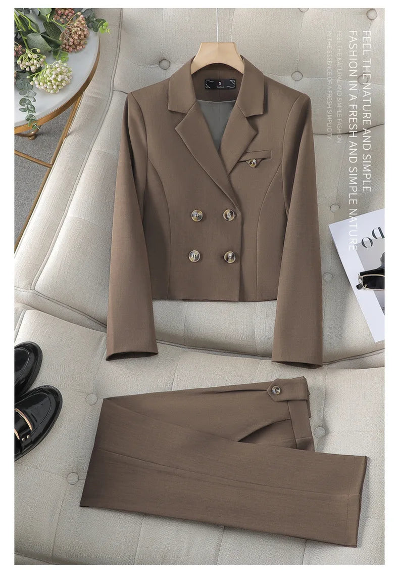 Solid Suits for Women 2024 Spring Fashion Office Ladies Long Sleeve Double Breasted Short Tops Chic Slim High Waisted Pant Suits