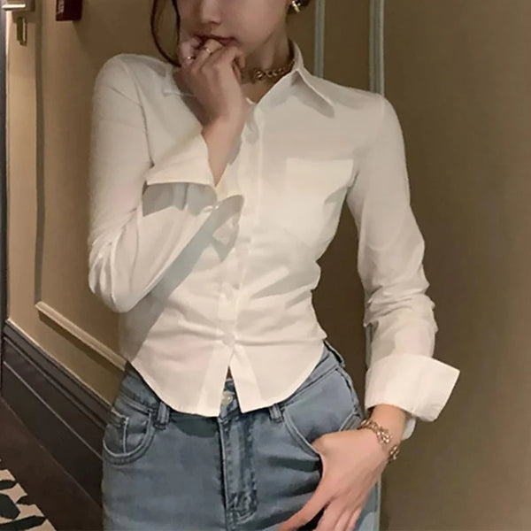 White Office Women Chiffon Shirt Pocket Button Lapel Ladies Blouse Spring Commuter Long Sleeve New Female Crop Tops