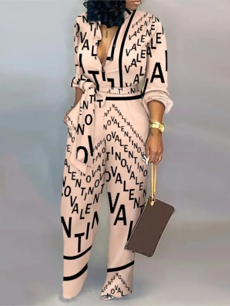 Women Fashion Letter Print Long Sleeve Jumpsuit Spring Button One Piece Overalls Streetwear Autumn Elegant Office Lady Playsuit