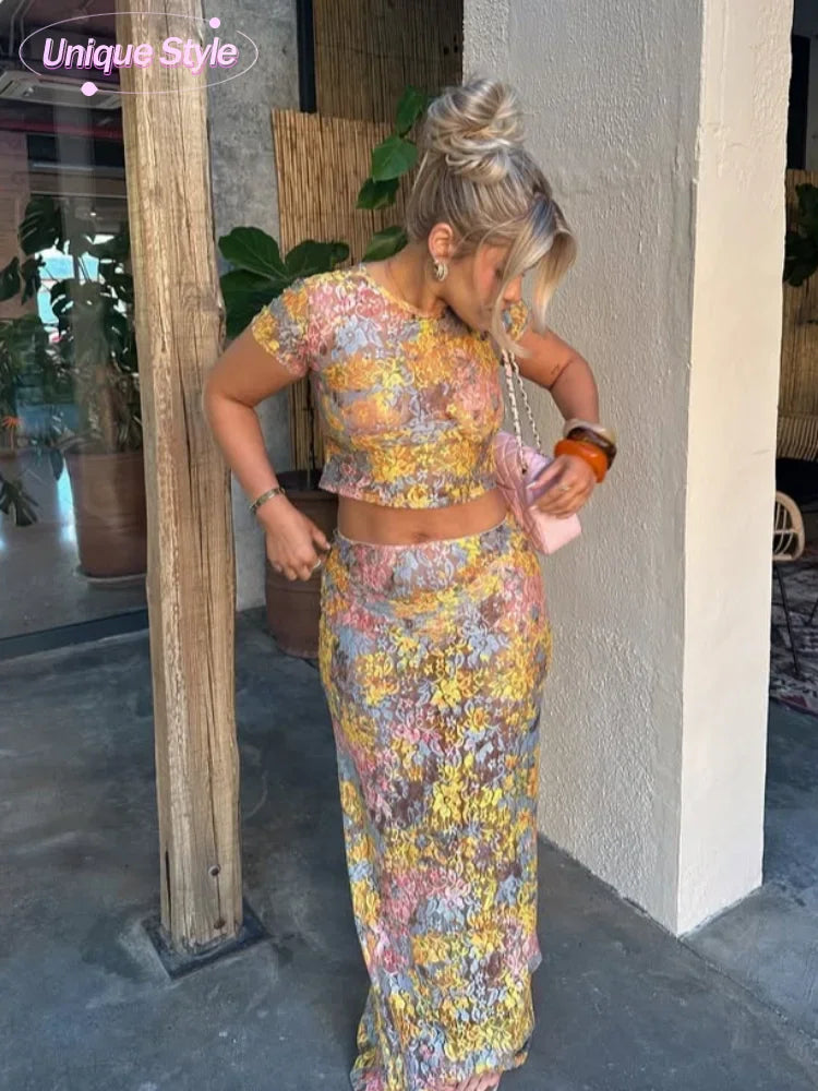 Women Chic Rainbow Lace Print Maxi Skirt Set Sexy Skinny Short Sleeved See Through Top Suit Lady Summer Ladies Party Outfit 2025