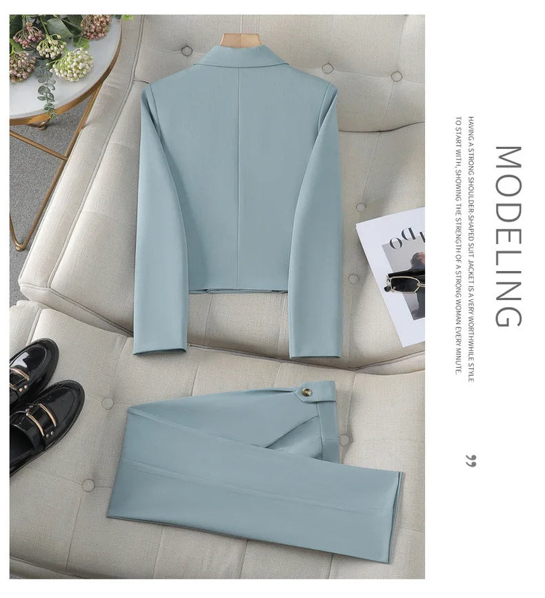 Solid Suits for Women 2024 Spring Fashion Office Ladies Long Sleeve Double Breasted Short Tops Chic Slim High Waisted Pant Suits