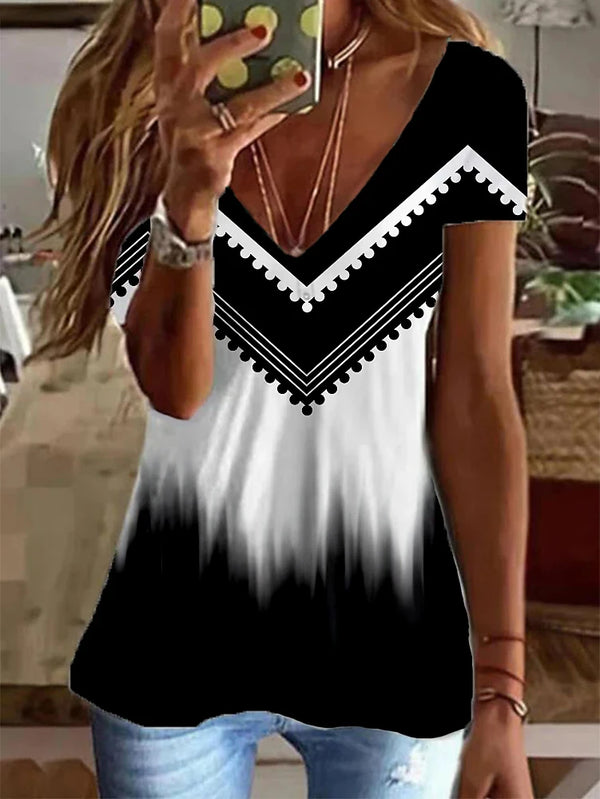Summer Women T Shirt Stripes Print Gradient Clothing V Neck Short Sleeve Basic Tops Streetwear Fashion Oversized Girls T-shirts