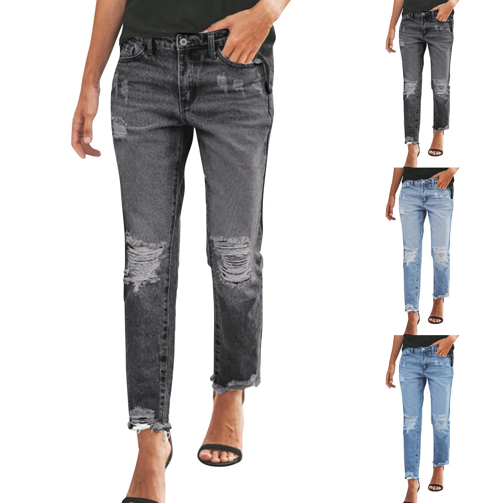 Women Fashion Straight Jeans Casual High Waisted Straight Trousers Ripped Slim Pants For Women Commuter 2024 Fashion Trend