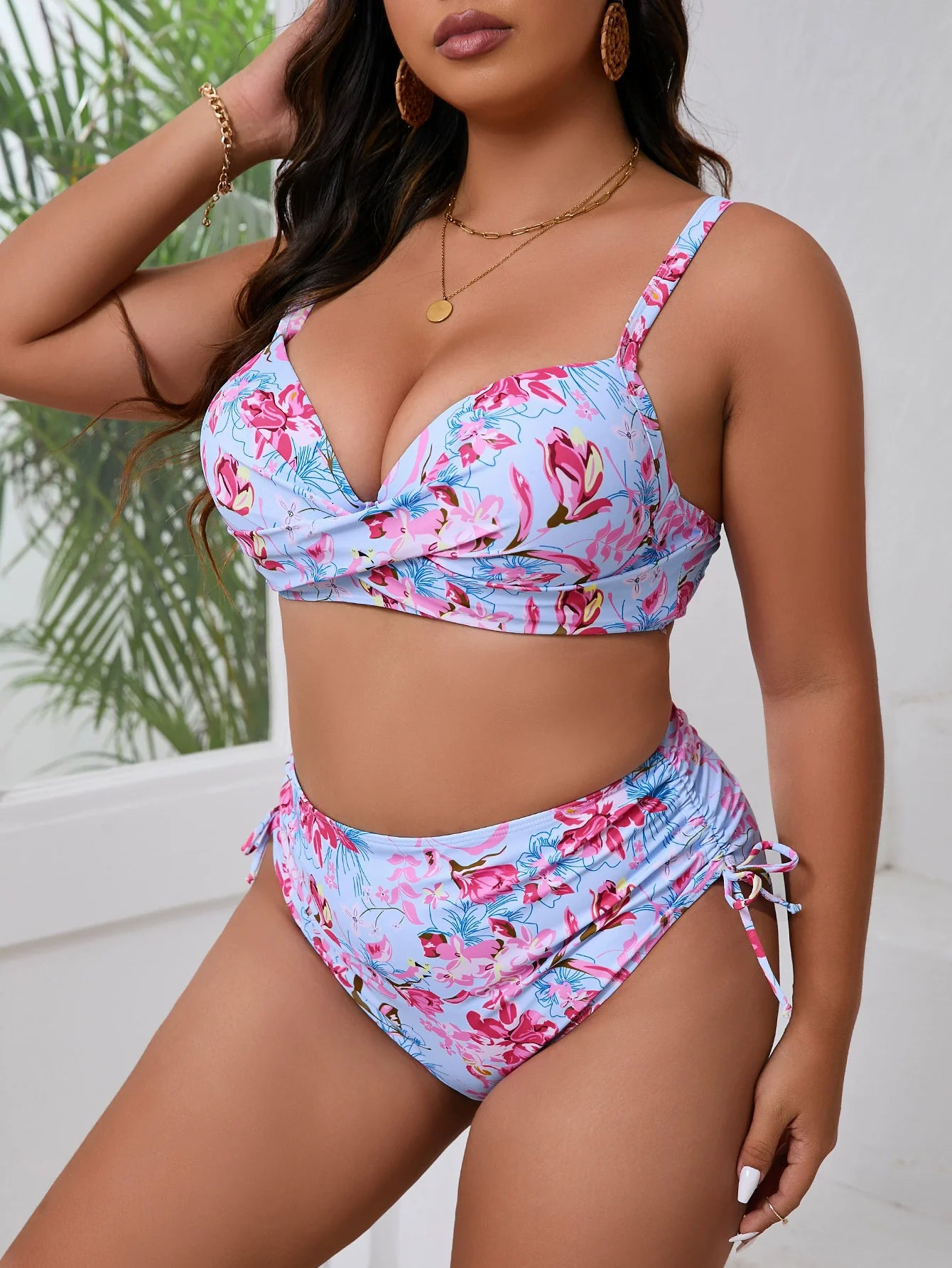 Women Plus Size Two Piece Swimsuit Bikini Sets 2025 Swimwear Floral Print Bathing Suit Drawstring New In Matching Sets