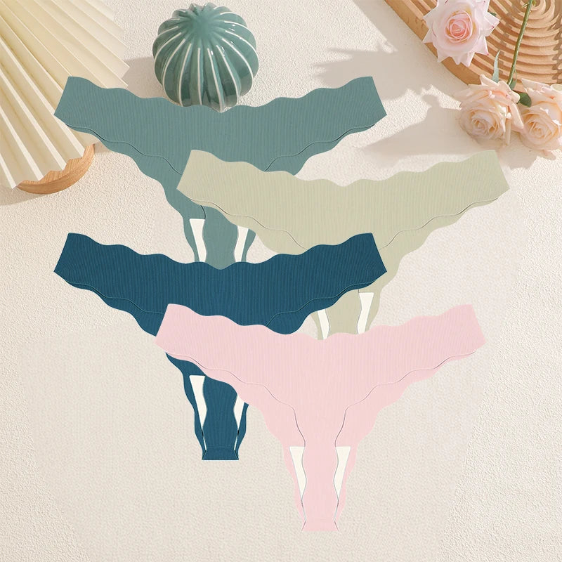 FINETOO 4Pcs Women's Sexy Panties Ice Silk Satin Seamless Thongs Fashion Seamless Panties Sexy Lingerie Lady Wavy Edge G-Strings
