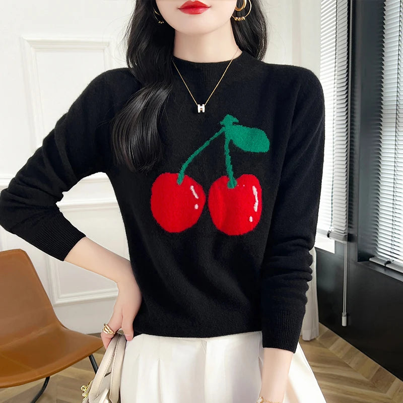 Autumn and Winter Women's Pullover Embroidered Pure Wool Knit Sweater