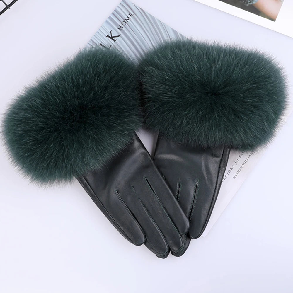 Sheepskin Gloves with Natural Fox Fur Trim – Women’s Genuine Leather Winter Mittens