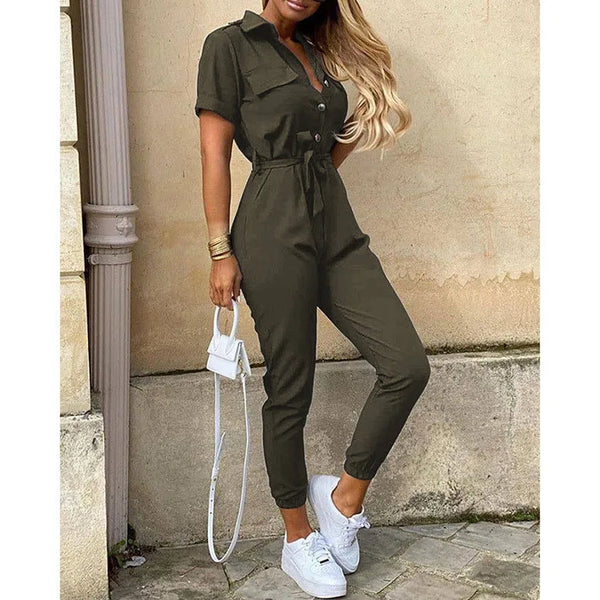 Casual Short Sleeve Jumpsuit Office Lady Spring Summer Fashion Elegant Solid Lace Up Jumpsuits For Women 2023 One Piece Rompers