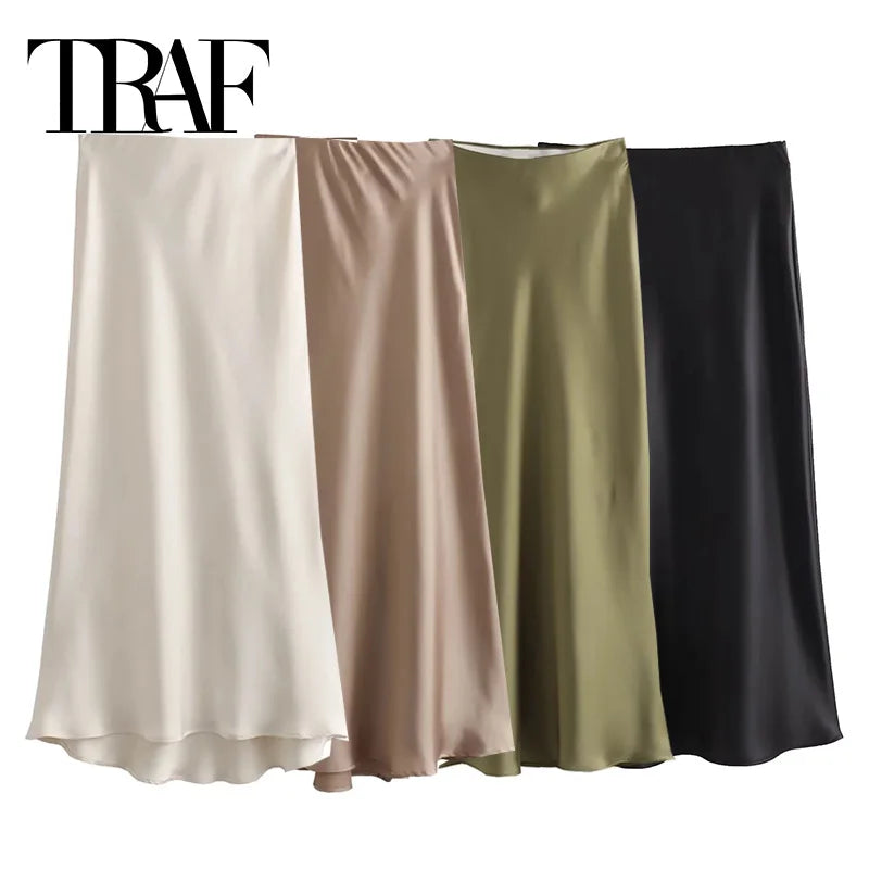 TRAF Woman 2024 Satin Skirt High Waist Long Skirts Summer Black Midi Skirt Office Elegant Skirts