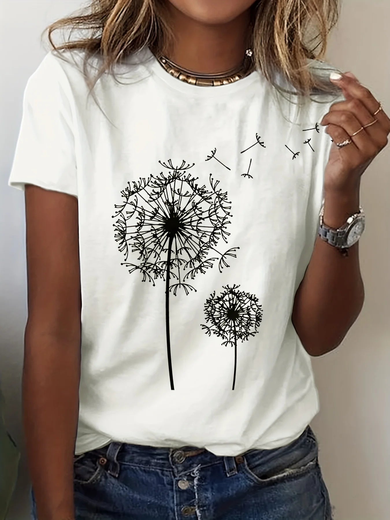 Dandelion Print Crew Neck T-Shirt, Casual Short Sleeve Top For Spring & Summer, Women's Clothing