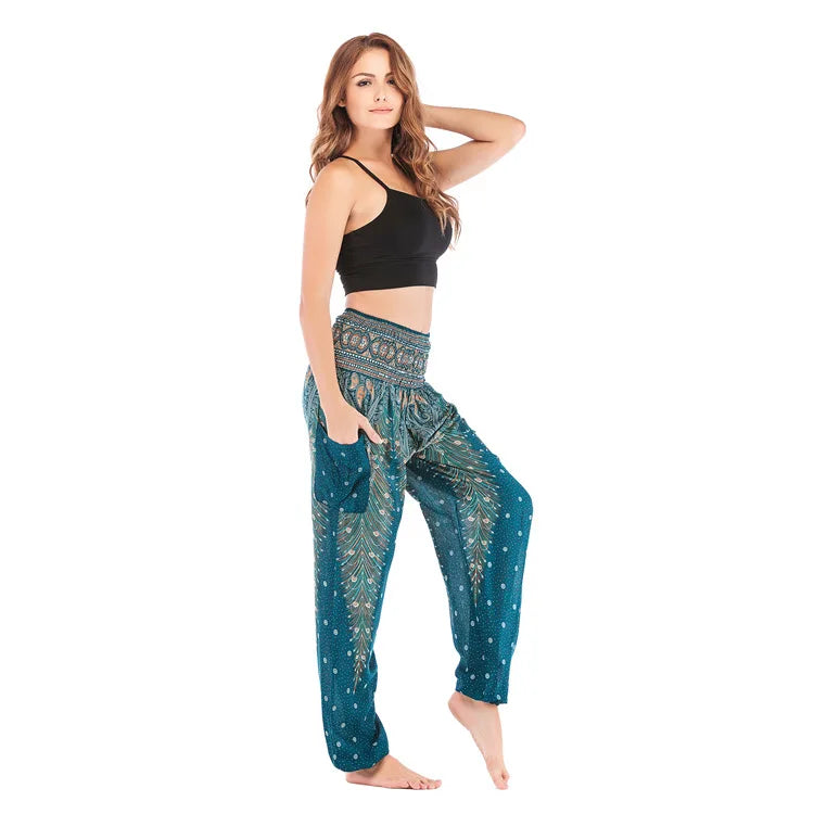 Women Yoga Boho Pants Leggings Floral Printing With Pocket Harem Bohemian High Waist  elastic waistband and ankle strapping