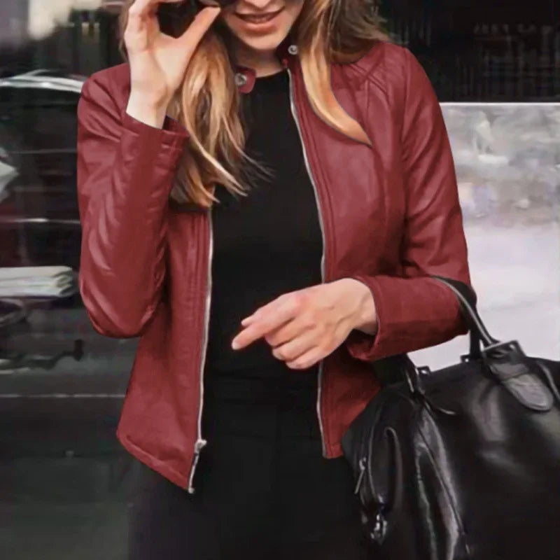 Slim Fit Faux Leather Jacket Women Classic Moto Biker