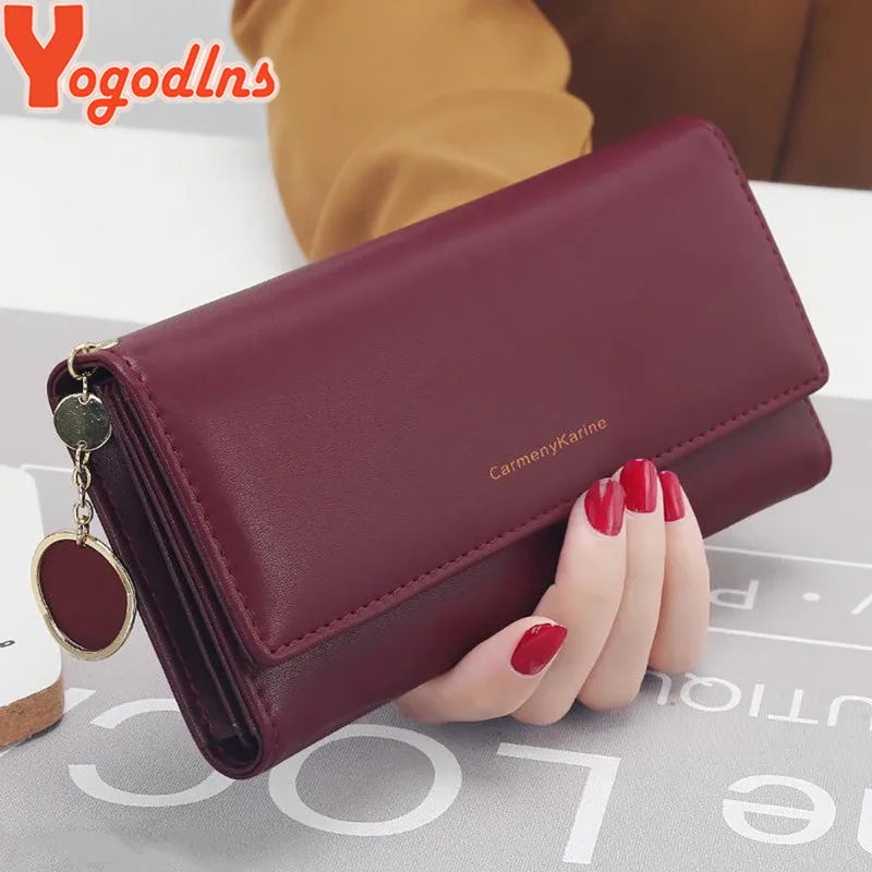 Yogodlns Casual Long Wallet for Women – PU Leather Multi-Layer Clutch with Pendant