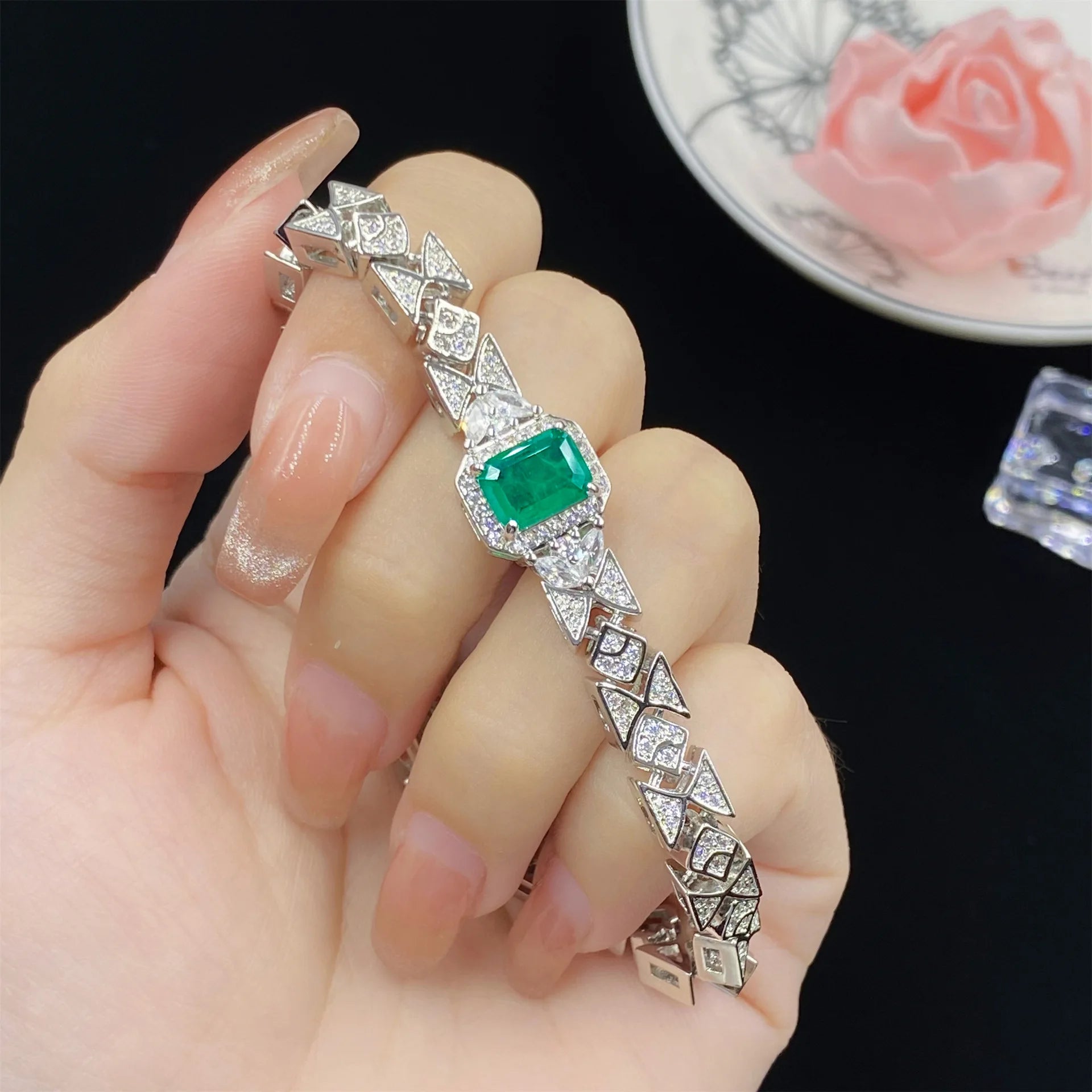 Simulation Emerald Tourmaline Full Diamond Luxury Princess Set – Ring, Pendant, Earrings, and Bracelet