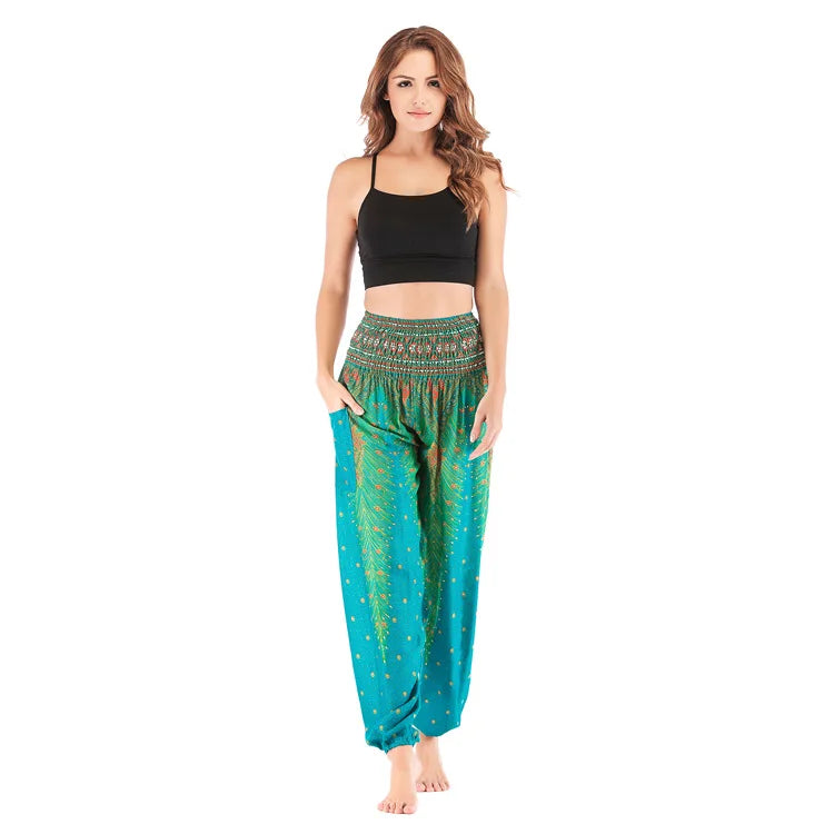 Women Yoga Boho Pants Leggings Floral Printing With Pocket Harem Bohemian High Waist  elastic waistband and ankle strapping