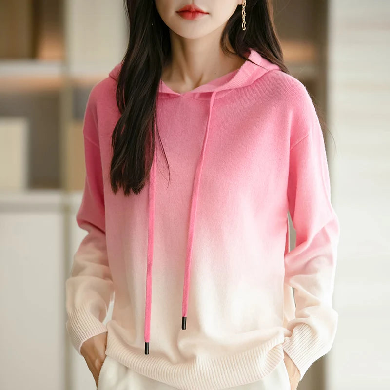 Autumn Winter Hooded Sweater Women Gradient Color Long Sleeve Top Fashion New Knit Female Pullover Warm Soft Loose Basic Jumper