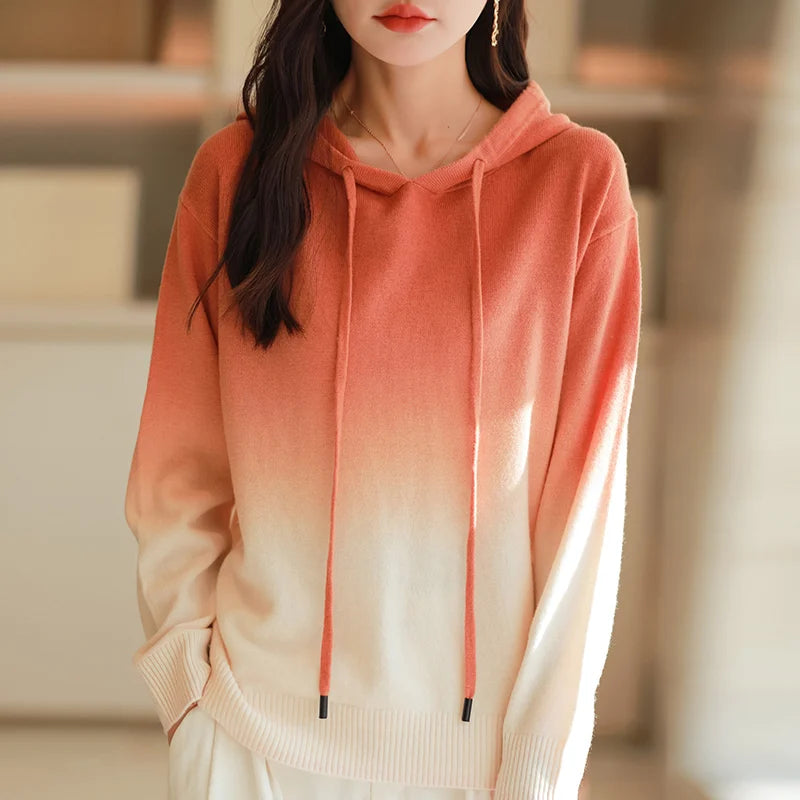 Autumn Winter Hooded Sweater Women Gradient Color Long Sleeve Top Fashion New Knit Female Pullover Warm Soft Loose Basic Jumper