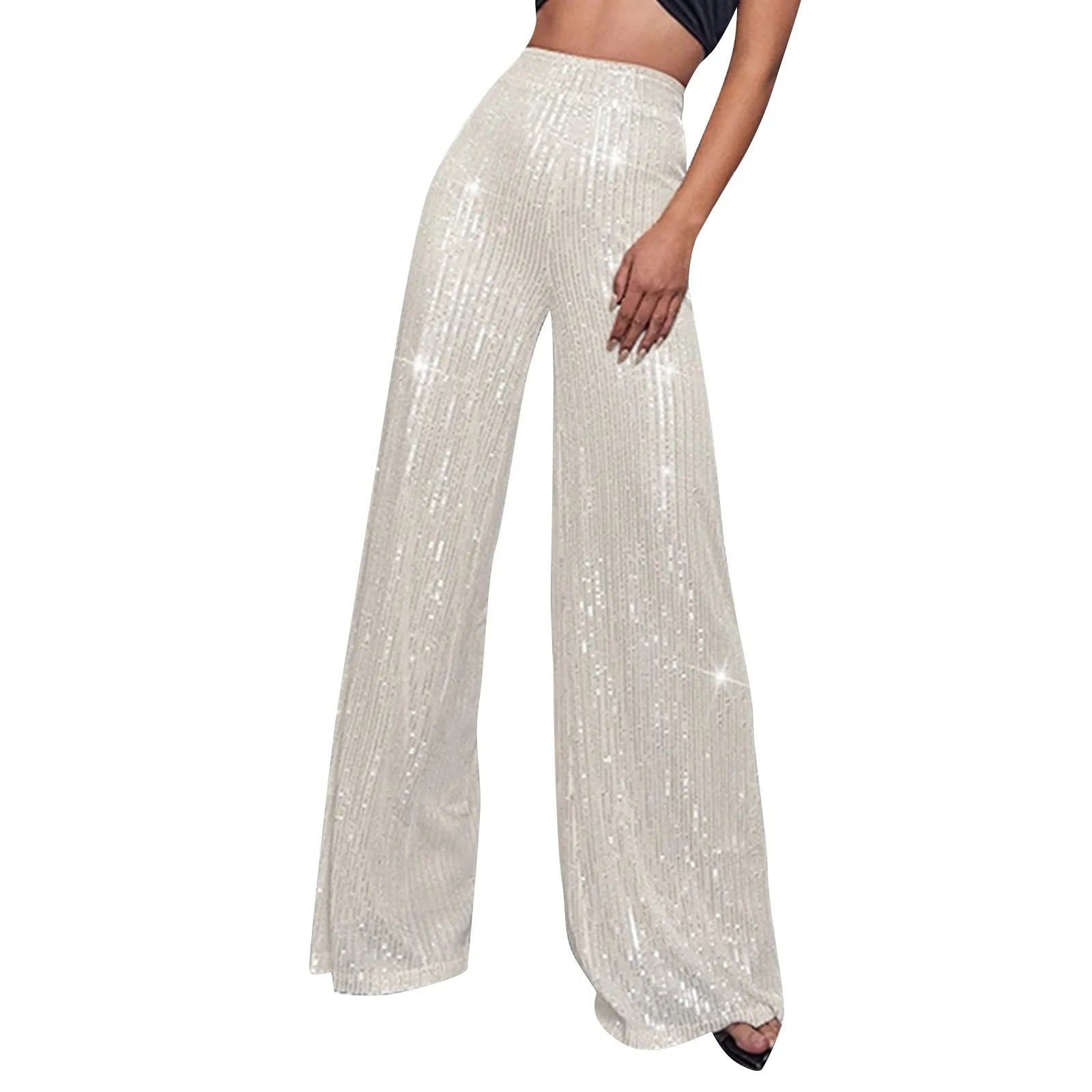 Women's Fashion Solid Color High Waist Sequin Side Zipper Draped Wide Leg Pants Pants for Women Women’s Pants Women’s Pants 2024