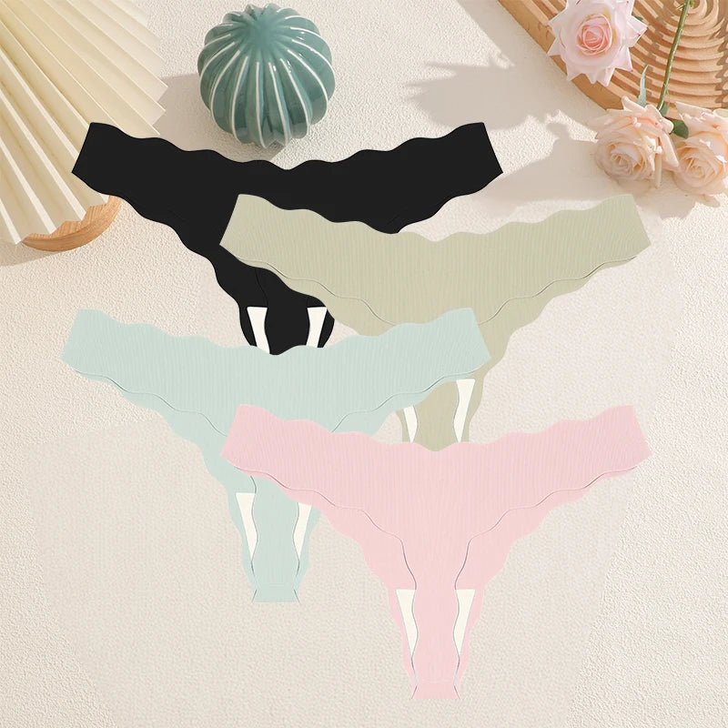 FINETOO 4Pcs Women's Sexy Panties Ice Silk Satin Seamless Thongs Fashion Seamless Panties Sexy Lingerie Lady Wavy Edge G-Strings
