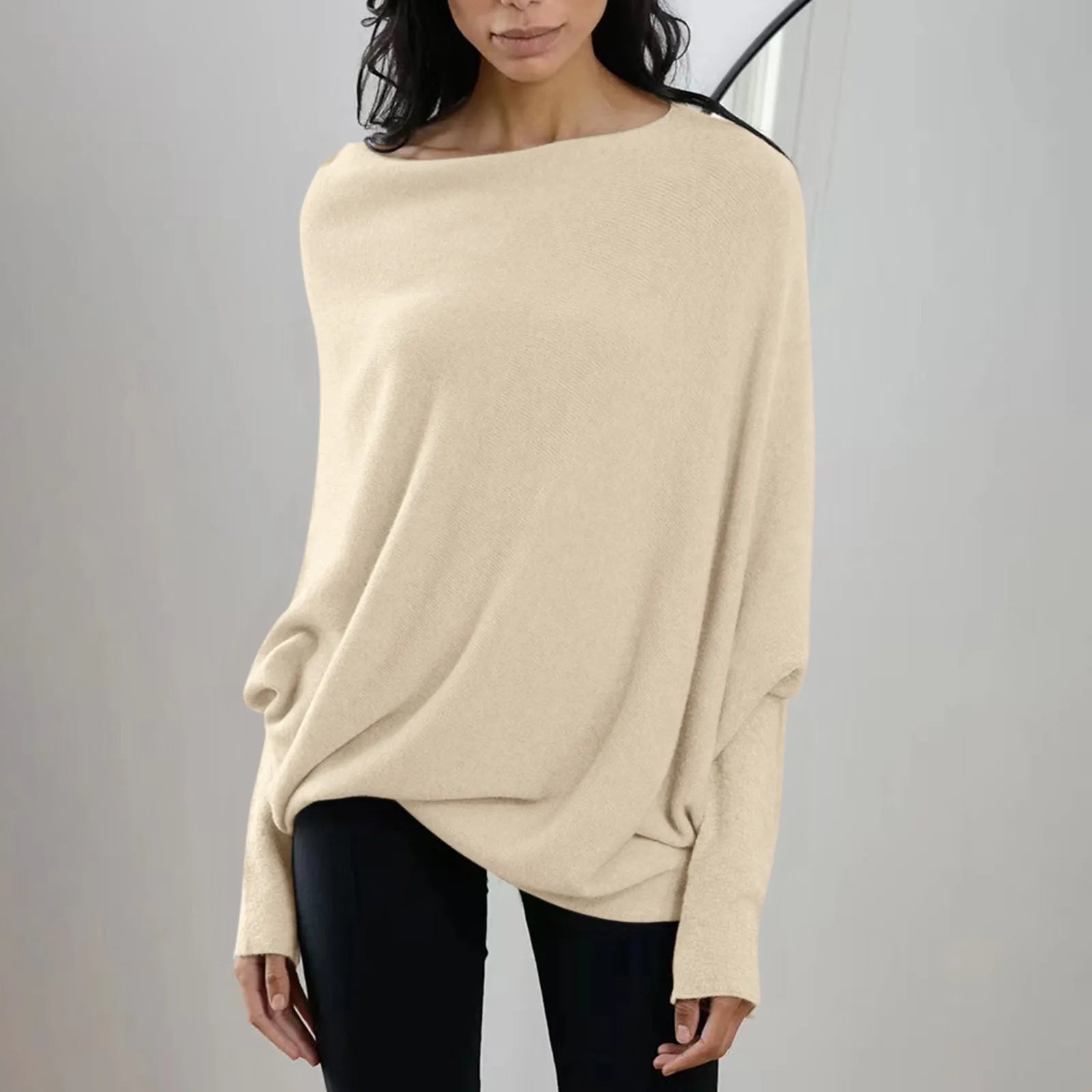 Womens Long  Sleeve Neck Tunic Tops  Fall Baggy Slouchy Pullover Sweaters Off The Shoulder Sweater