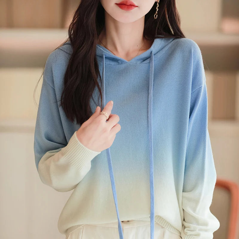 Autumn Winter Hooded Sweater Women Gradient Color Long Sleeve Top Fashion New Knit Female Pullover Warm Soft Loose Basic Jumper