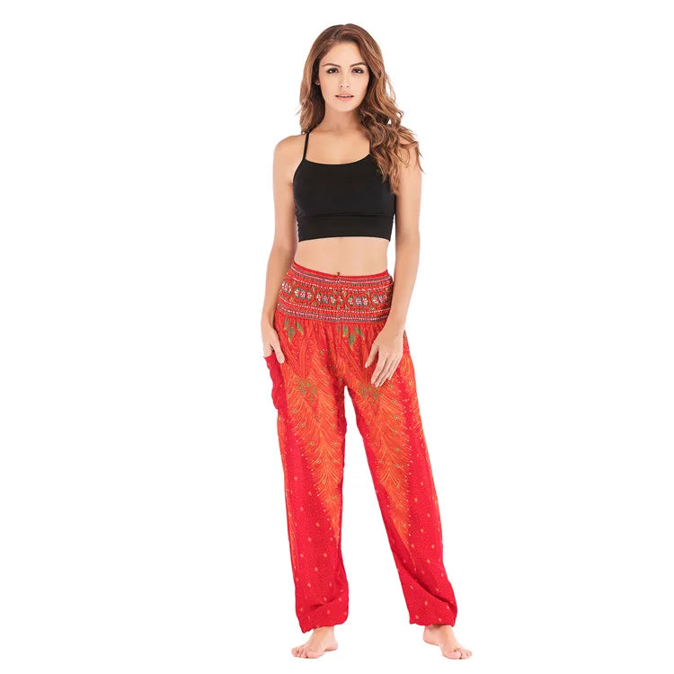 Women Yoga Boho Pants Leggings Floral Printing With Pocket Harem Bohemian High Waist  elastic waistband and ankle strapping