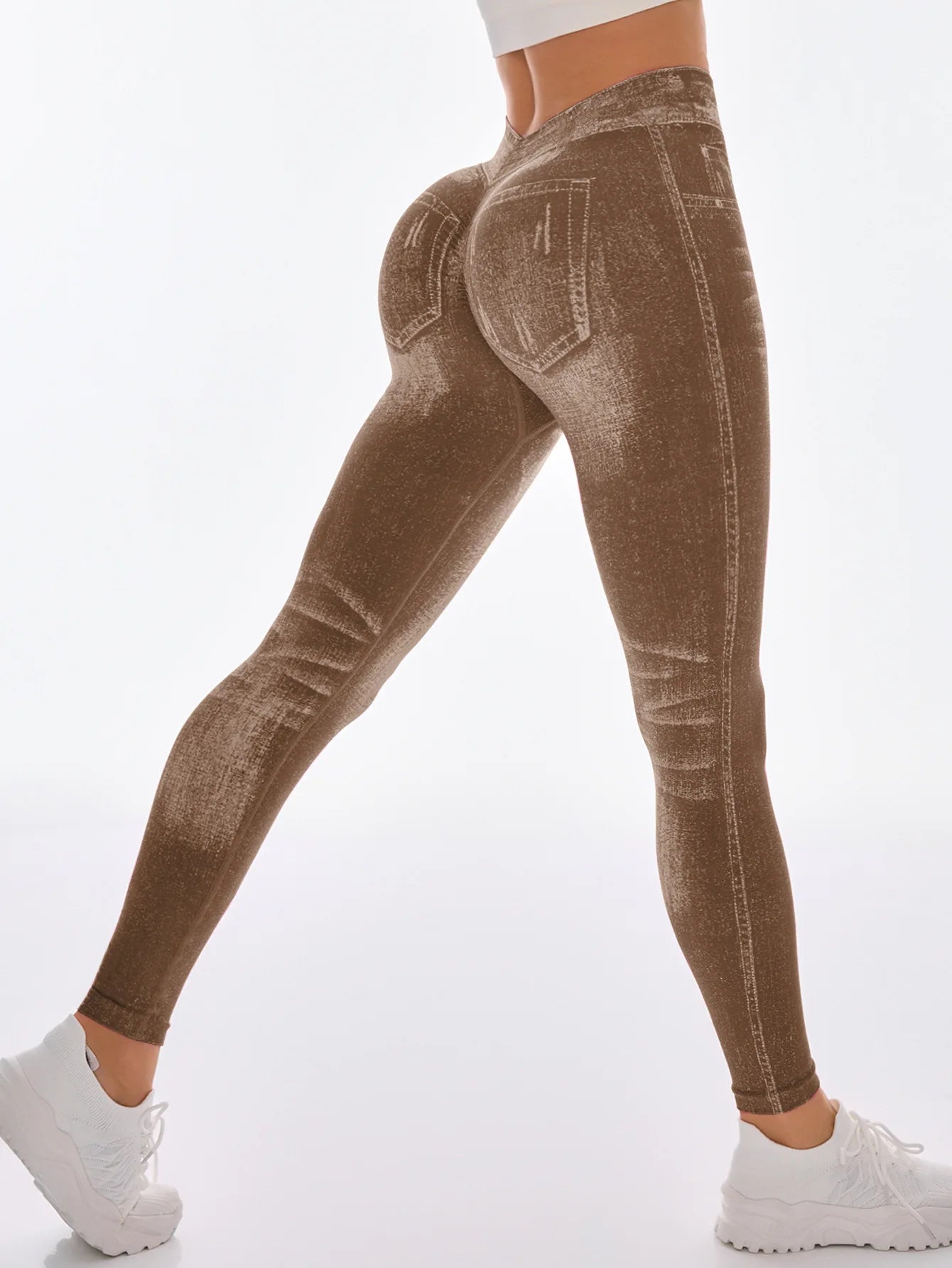 Women V Back Jean Leggings Gym Yoga Pants Casual Elastic Workout Exercise Fitness Running Fitness Tights