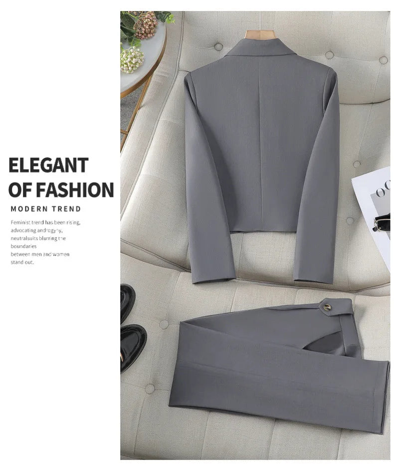 Solid Suits for Women 2024 Spring Fashion Office Ladies Long Sleeve Double Breasted Short Tops Chic Slim High Waisted Pant Suits