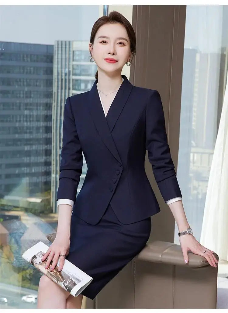 Office Business Women's Suit Pants Two-piece Set 2024 New Spring Autumn Long Sleeve Heart Button Jacket Slim Trousers Skirts