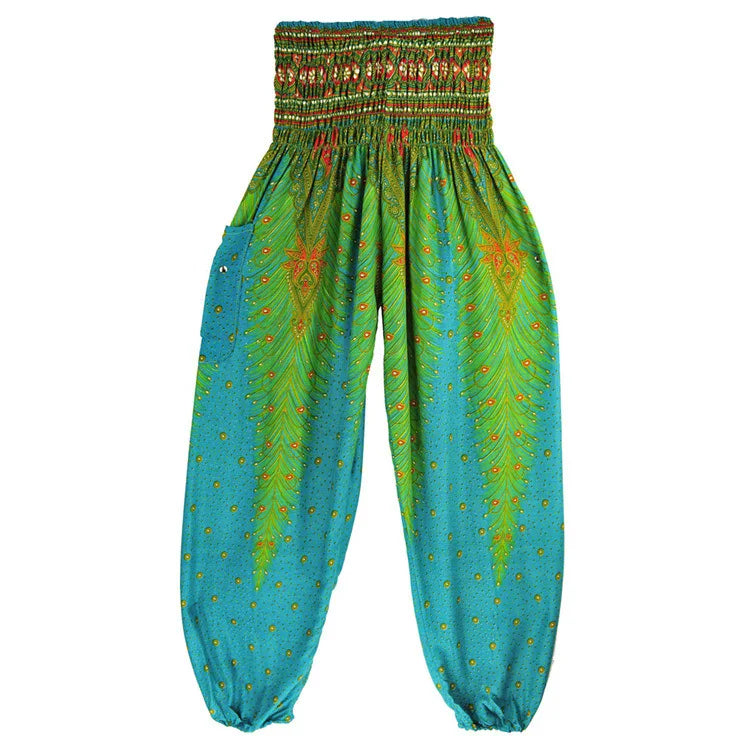 Women Yoga Boho Pants Leggings Floral Printing With Pocket Harem Bohemian High Waist  elastic waistband and ankle strapping