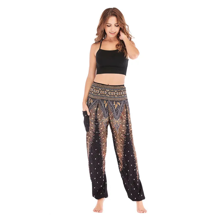 Women Yoga Boho Pants Leggings Floral Printing With Pocket Harem Bohemian High Waist  elastic waistband and ankle strapping