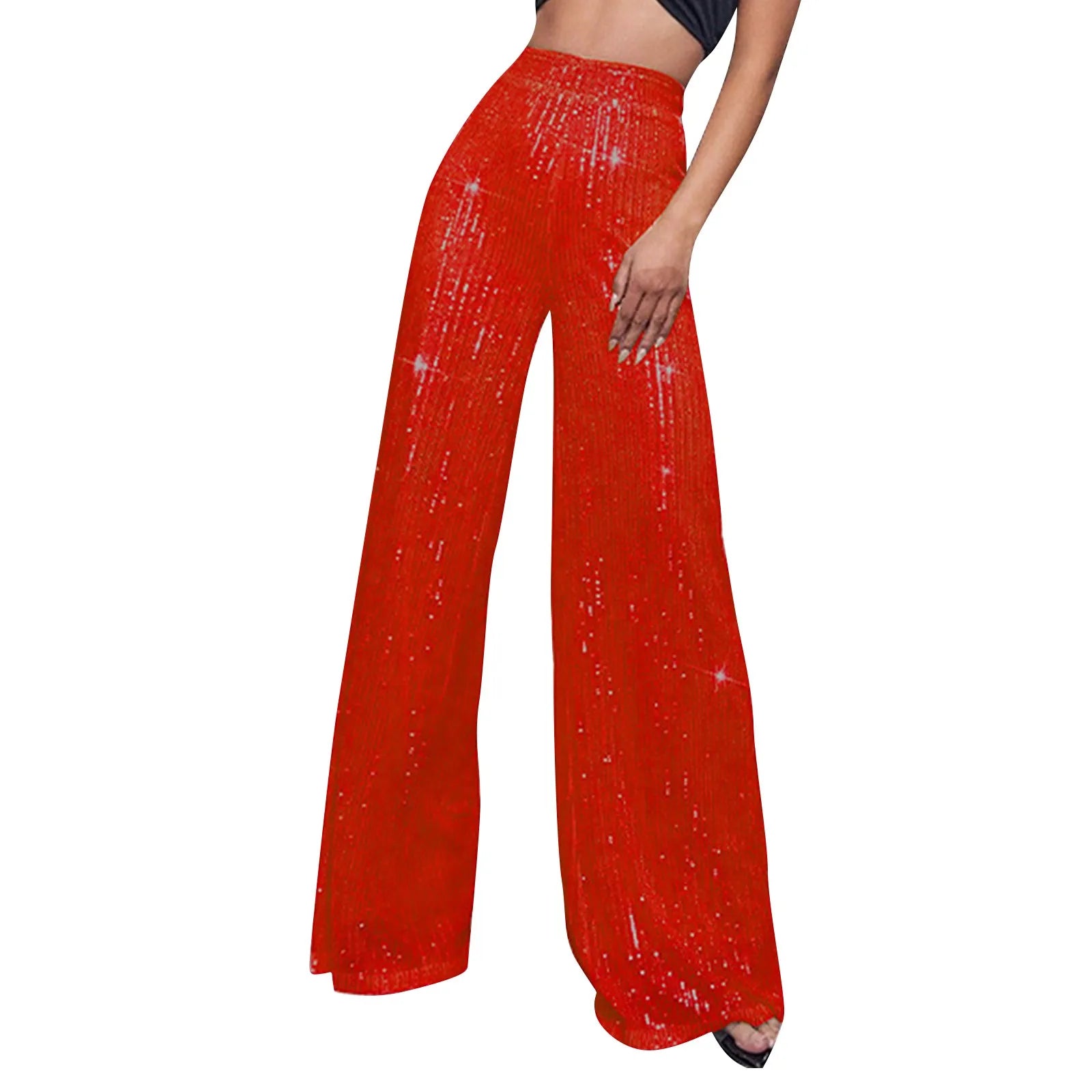 Women's Fashion Solid Color High Waist Sequin Side Zipper Draped Wide Leg Pants Pants for Women Women’s Pants Women’s Pants 2024