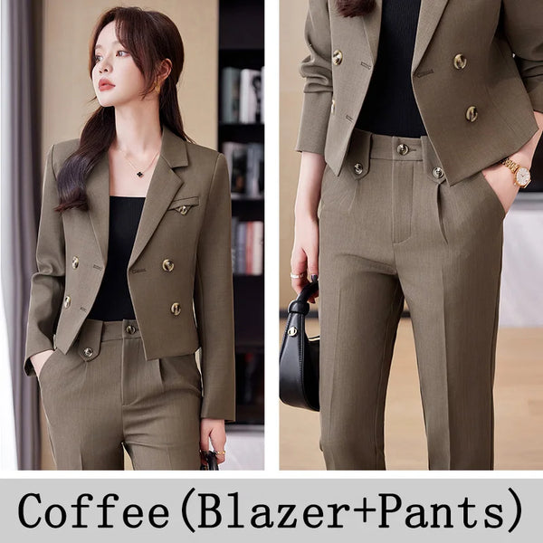 Solid Suits for Women 2024 Spring Fashion Office Ladies Long Sleeve Double Breasted Short Tops Chic Slim High Waisted Pant Suits