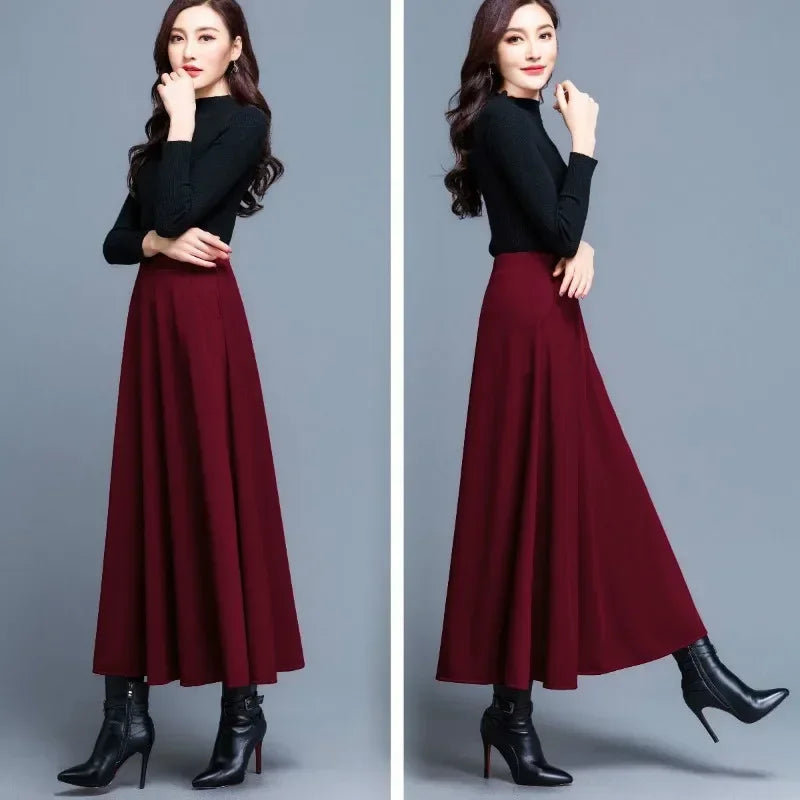 Autumn and Winter Solid Color Woolen Skirt Big Hem