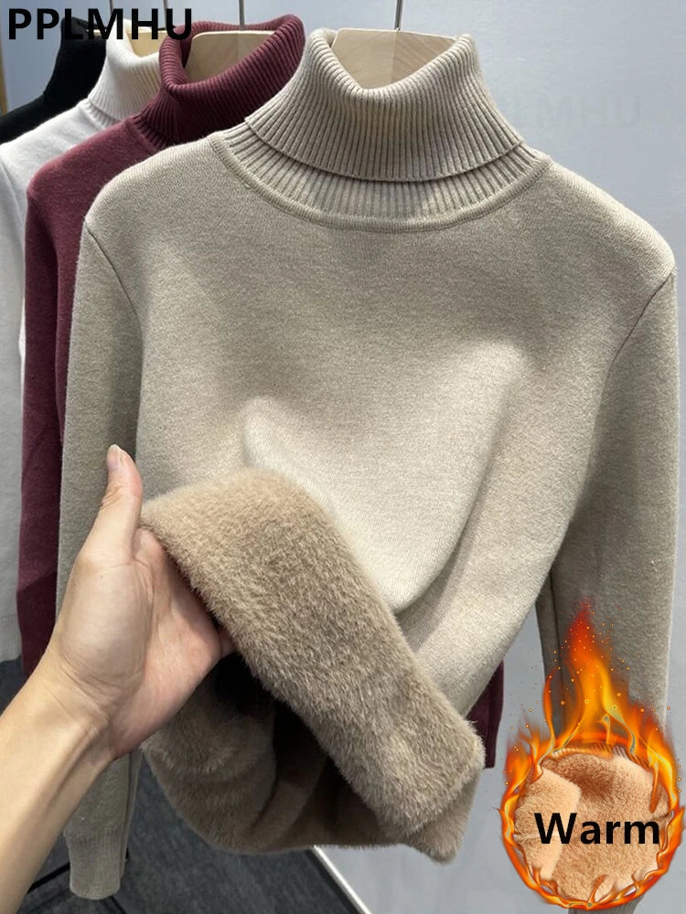 Thicken Velvet Turtleneck Sweater Women Korean Fashion Lined Warm