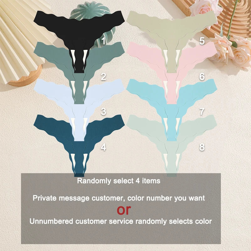FINETOO 4Pcs Women's Sexy Panties Ice Silk Satin Seamless Thongs Fashion Seamless Panties Sexy Lingerie Lady Wavy Edge G-Strings