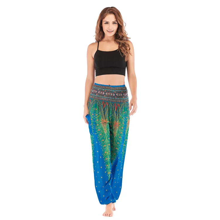Women Yoga Boho Pants Leggings Floral Printing With Pocket Harem Bohemian High Waist  elastic waistband and ankle strapping